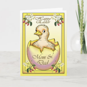 Happy Easter chick with egg, for Mum and Dad Holiday Card