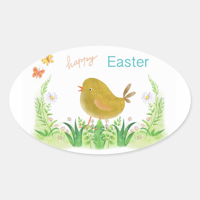 Happy easter , chicken and flowers oval sticker (Front)