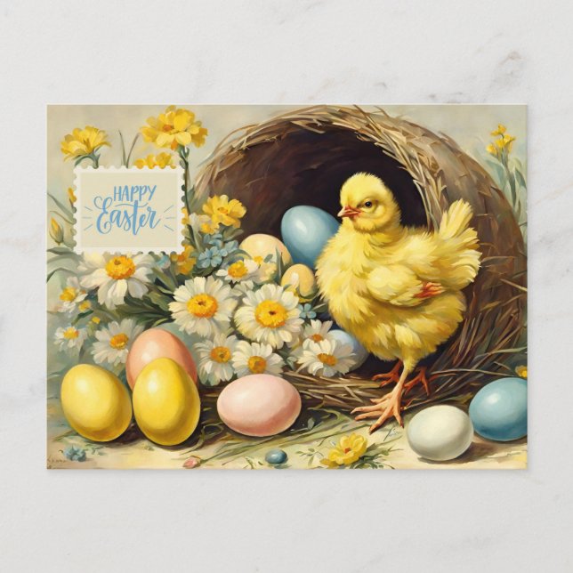 Happy Easter Chicken, Easter Eggs and Flowers  Holiday Postcard (Front)