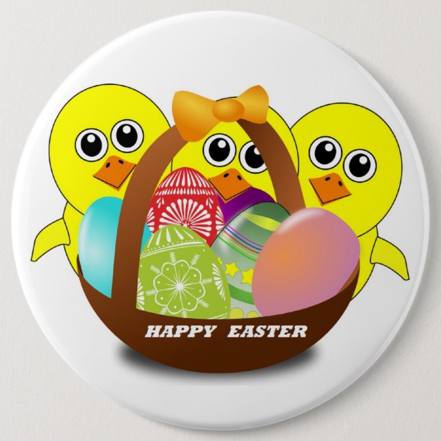 "HAPPY EASTER" CHICKS 6 CM ROUND BADGE (Front)