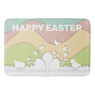 Happy easter chicks and egg pastel colours bath mat