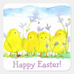 Happy Easter Chicks Lady Bug Square Sticker