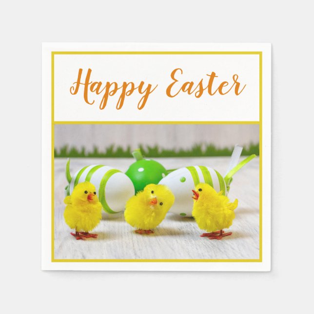 Happy Easter chicks with egg yellow green orange Napkin (Front)