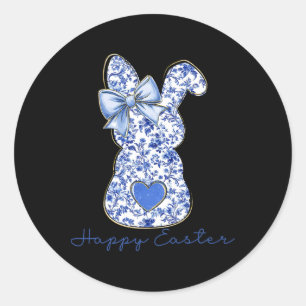 Happy Easter Chinoiserie Floral Bunny Cute Blue Bo Classic Round Sticker