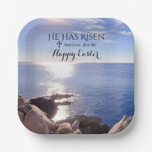 Happy Easter Christ has Risen Blue Ocean Photo Paper Plate