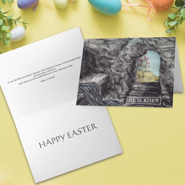 Happy Easter Christian Watercolor Art Card (He is risen happy Easter bible quote christian art religious holiday greetings card)