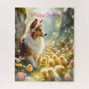 Happy Easter Collie and Chicks Jigsaw Puzzle