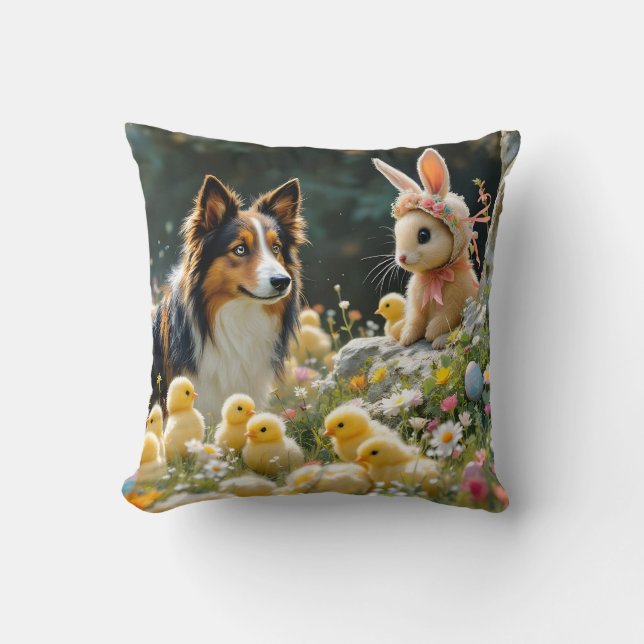 Happy Easter Collie and Chicks Magnet Cushion (Front)