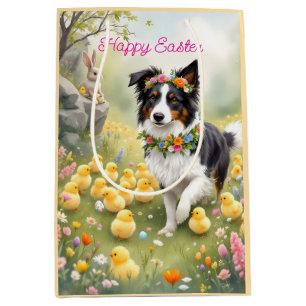Happy Easter Collie and Chicks Medium Gift Bag