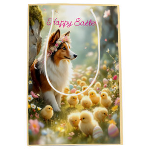 Happy Easter Collie and Chicks Medium Gift Bag