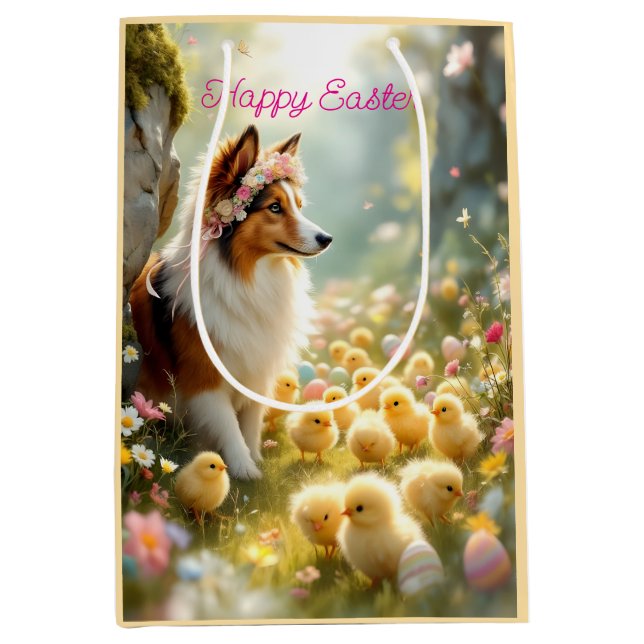 Happy Easter Collie and Chicks Medium Gift Bag (Front)