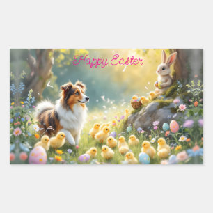 Happy Easter Collie and Chicks Rectangular Sticker