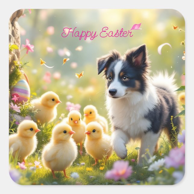 Happy Easter Collie and Chicks Square Sticker (Front)