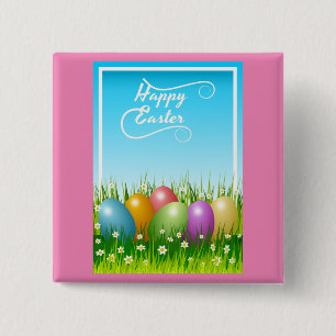 "HAPPY EASTER" COLORFUL EASTER EGGS 15 CM SQUARE BADGE