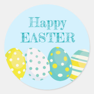 Happy Easter Colorful Eggs Blue Background Classic Round Sticker