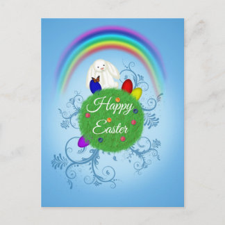 Happy Easter Colorful Planet & Rainbow Cute Bunny Holiday Postcard