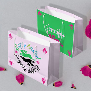 Happy Easter Colour Blush Pink Black Green Bunnies Large Gift Bag