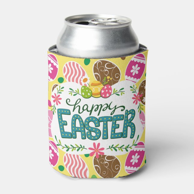 Happy Easter Colourful Easter Eggs Pattern Yellow Can Cooler (Can Front)