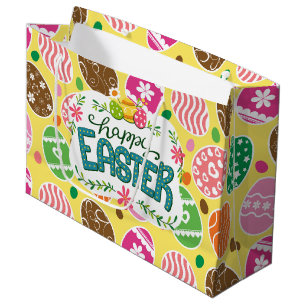 Happy Easter Colourful Easter Eggs Pattern Yellow Large Gift Bag