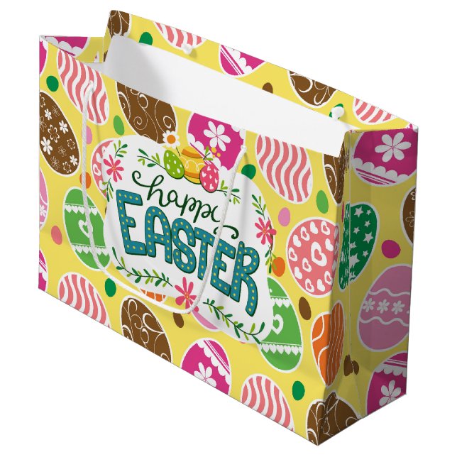 Happy Easter Colourful Easter Eggs Pattern Yellow Large Gift Bag (Front Angled)