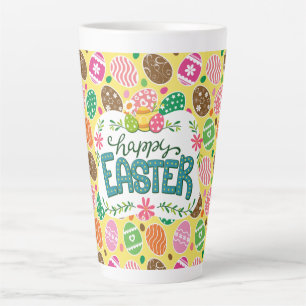 Happy Easter Colourful Easter Eggs Pattern Yellow Latte Mug