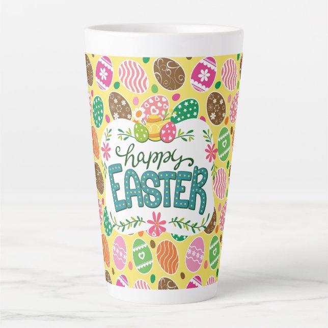 Happy Easter Colourful Easter Eggs Pattern Yellow Latte Mug (Front)