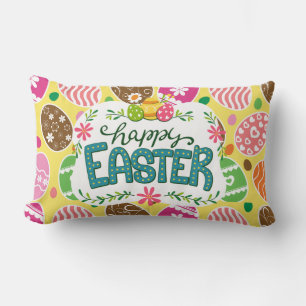 Happy Easter Colourful Easter Eggs Pattern Yellow Lumbar Cushion