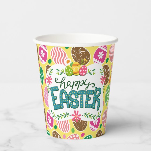 Happy Easter Colourful Easter Eggs Pattern Yellow Paper Cups (Back)