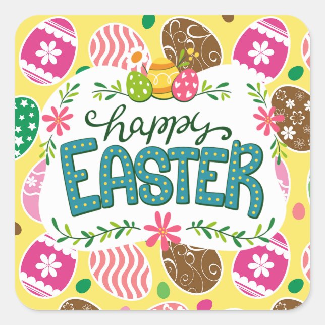 Happy Easter Colourful Easter Eggs Pattern Yellow Square Sticker (Front)