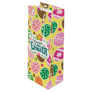 Happy Easter Colourful Easter Eggs Pattern Yellow Wine Gift Bag
