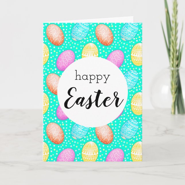 Happy Easter Colourful Egg Pattern Greeting Card (Front)