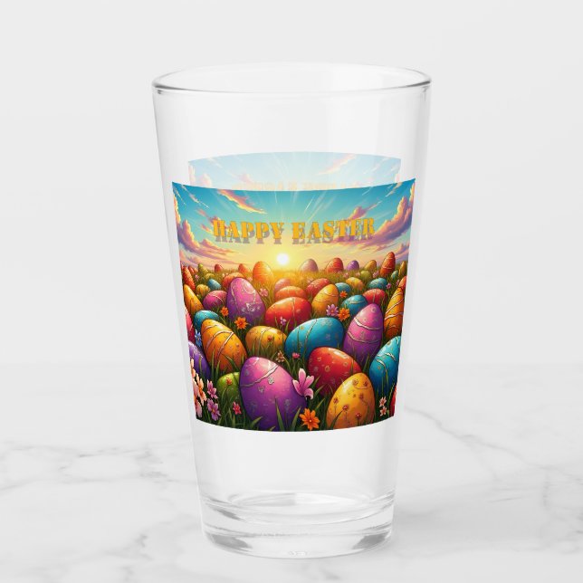 Happy Easter Colourful Eggs in Spring Meadow Glass (Front)