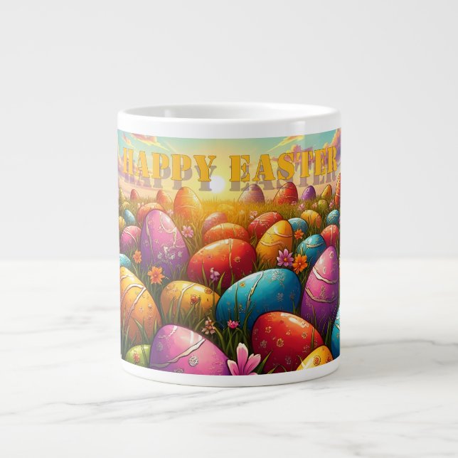 Happy Easter Colourful Eggs in Spring Meadow Large Coffee Mug (Front)