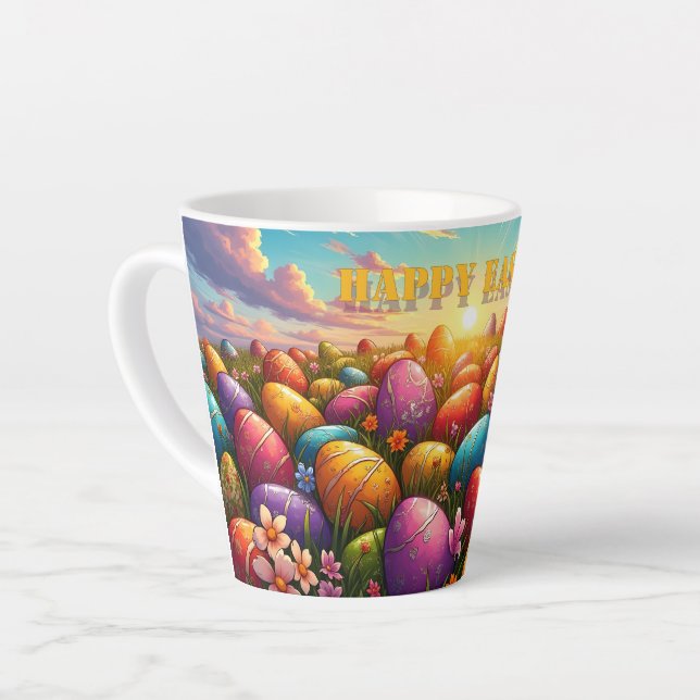 Happy Easter Colourful Eggs in Spring Meadow Latte Mug (Left Angle)
