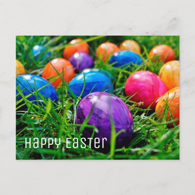 Happy Easter Colourful Eggs on Grass Photo Holiday Postcard (Front)