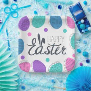 Happy Easter Colourful Modern Eggs Typography Paper Plate