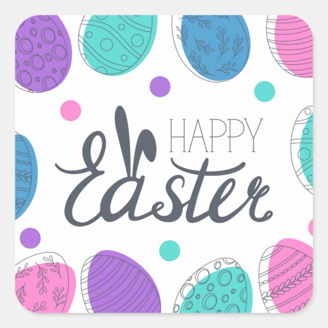 Happy Easter Colourful Modern Eggs Typography Square Sticker (Front)