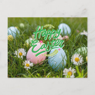 Happy Easter Colourful Painted Eggs and Flowers Postcard