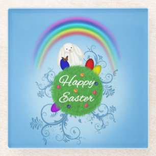Happy Easter Colourful Planet Glass Coaster