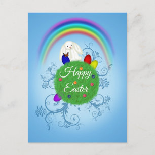 Happy Easter Colourful Planet & Rainbow Cute Bunny Holiday Postcard