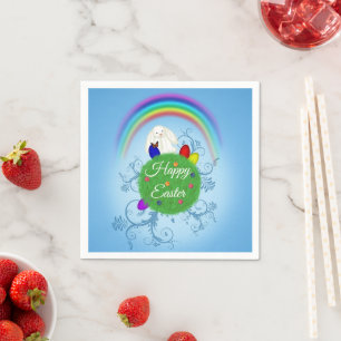 Happy Easter Colourful Planet & Rainbow Cute Bunny Napkin