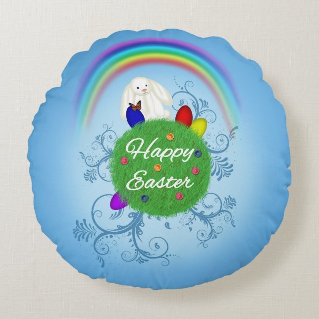 Happy Easter Colourful Planet Round Cushion (Front)