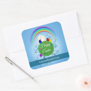 Happy Easter Colourful Rainbow & Planet Cute Bunny Square Sticker