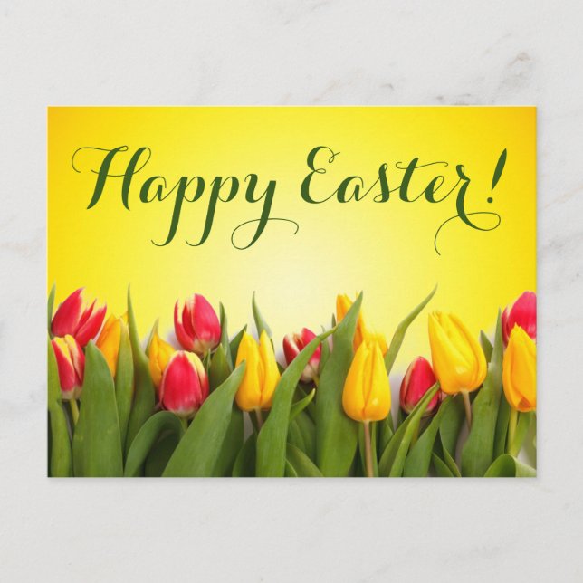 Happy Easter Colourful Spring Tulips Script Postcard (Front)