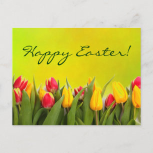 Happy Easter Colourful Spring Tulips Yellow Green Holiday Postcard
