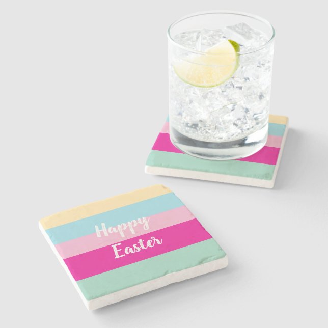 Happy Easter Colourful Stripes Pattern  Stone Coaster (Side)