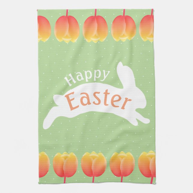 Happy Easter Colourful Tulips & Rabbit Tea Towel (Vertical)