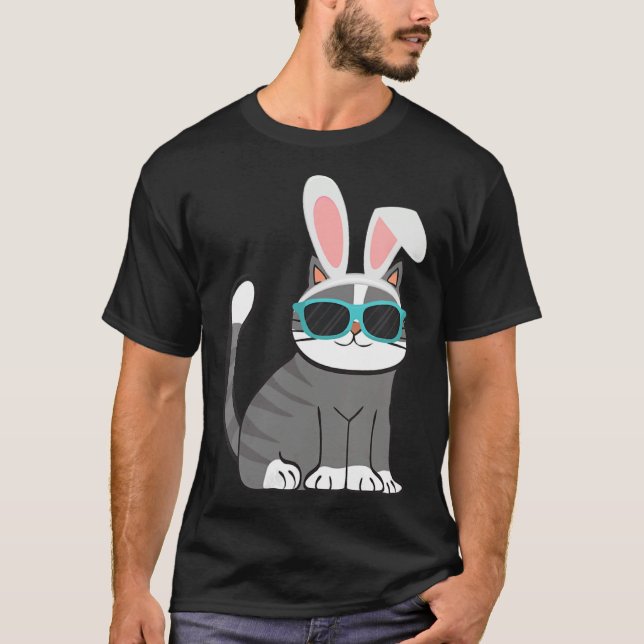 Happy Easter Cool Cat With Bunny Ears and Glasses  T-Shirt (Front)