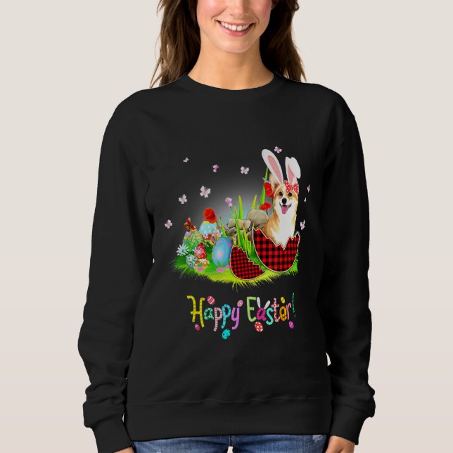 Happy Easter Corgi Red Plaid Easter Egg With Bunny Sweatshirt (Front)