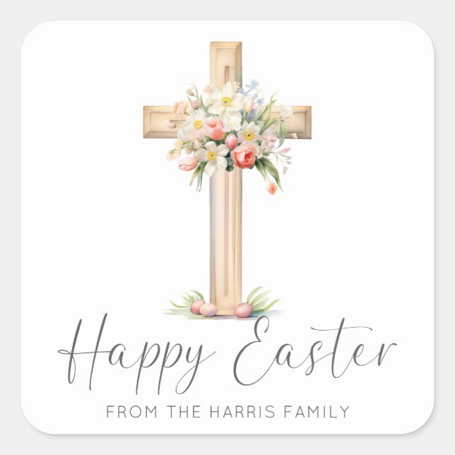 Happy Easter Cross Floral Square Sticker (Front)